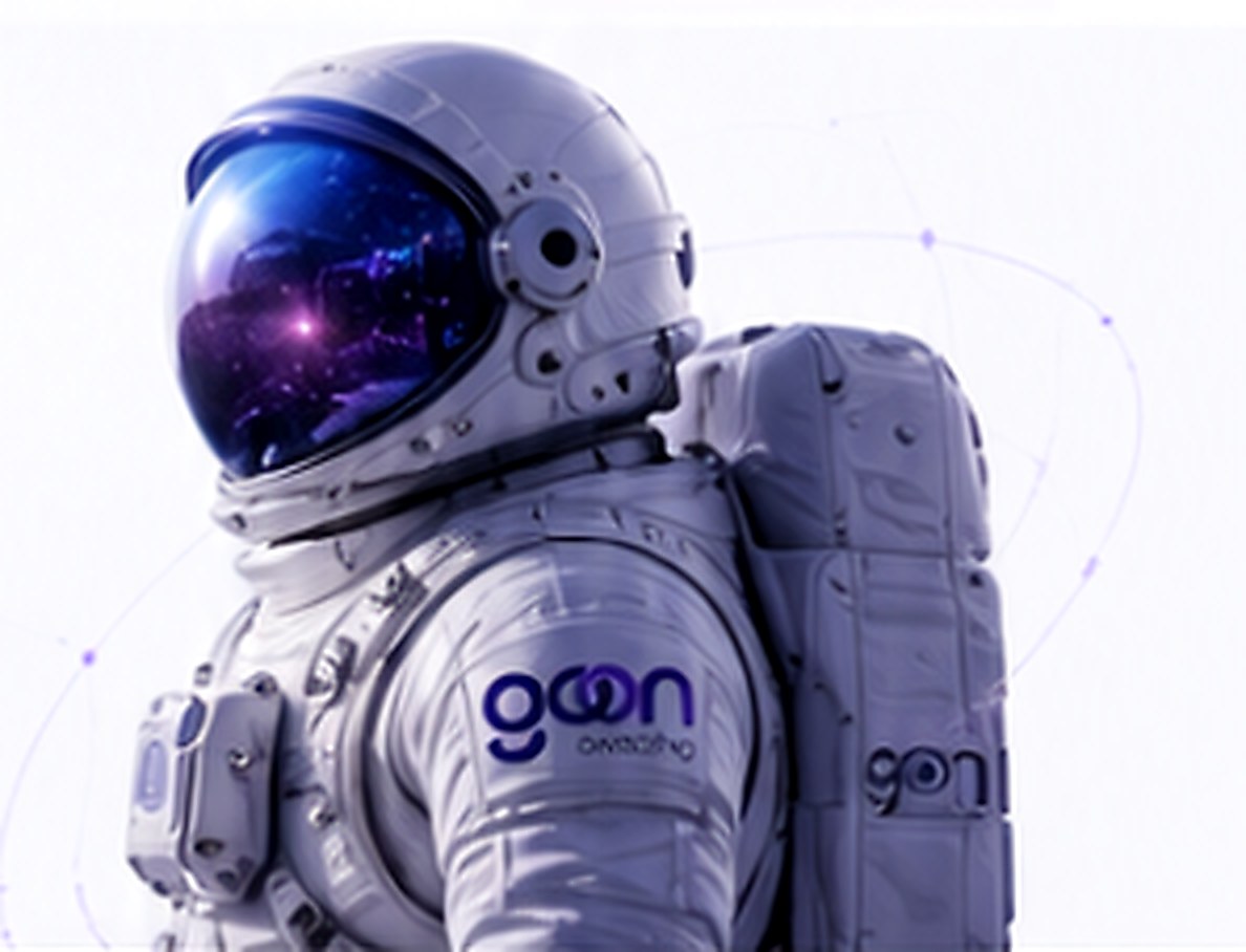 Astronauta com traje tecnológico da GoOn e reflexos azul e roxo