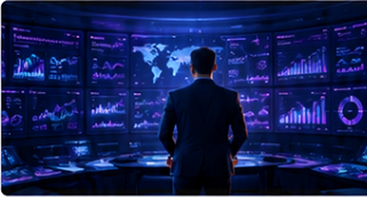 Executivo diante de uma grande tela com dashboards, mapas e indicadores de crescimento